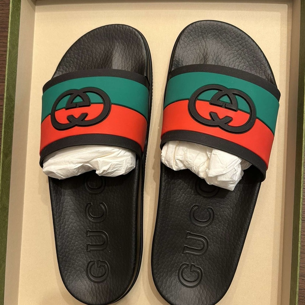 Gucci Black Slides with Red and Green Bands